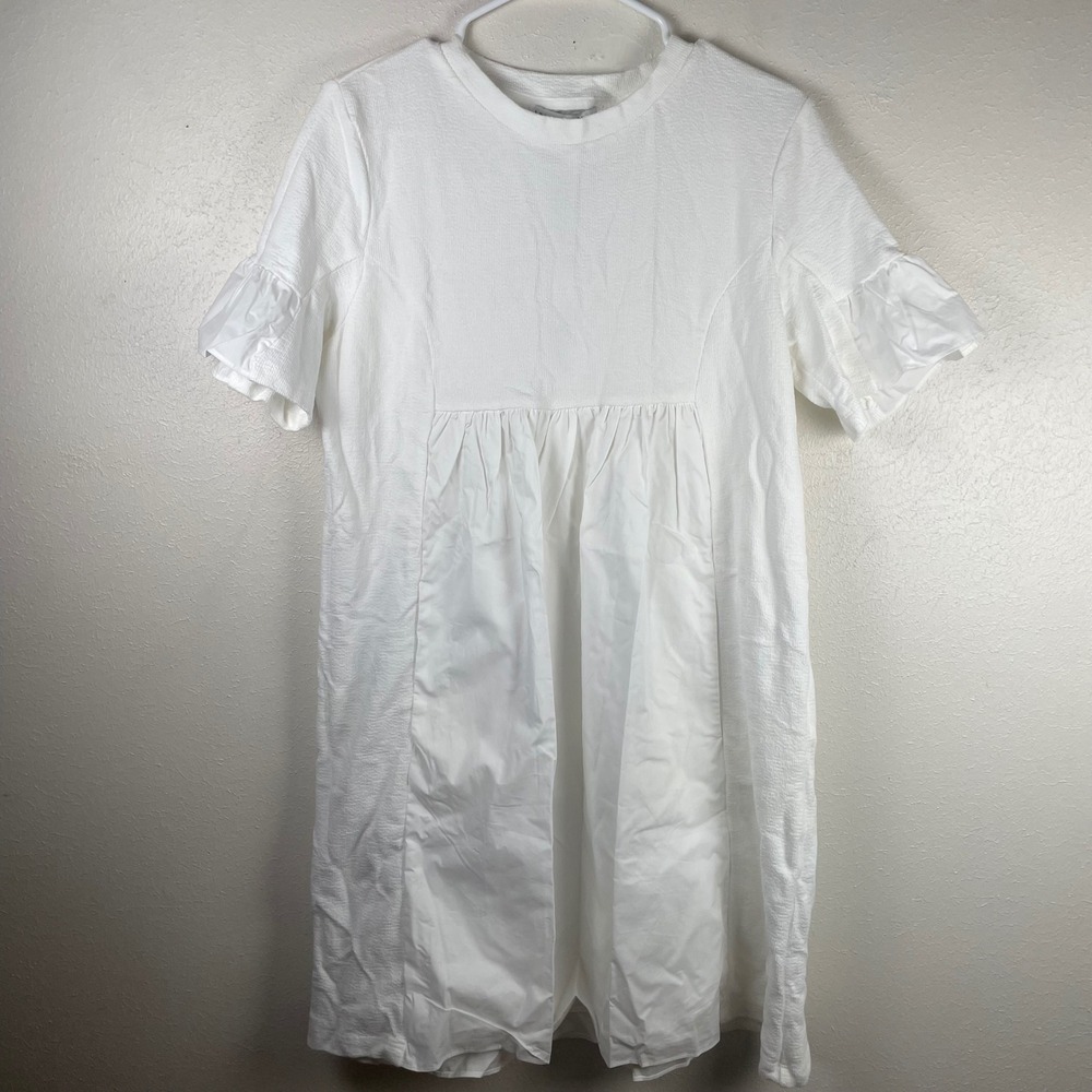 English Factory White Solid Mini Dress Ruffle Sleeve Waffle‎ Knit Mixed M